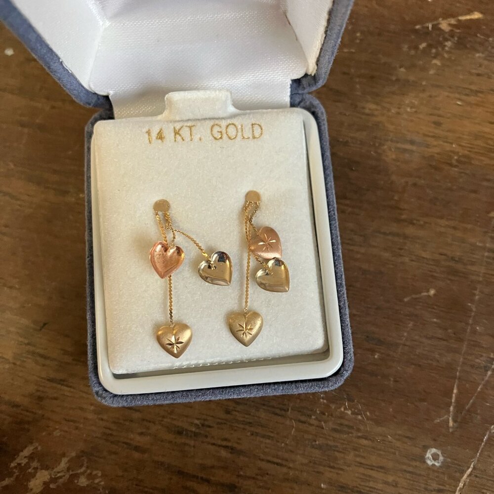 Pair of Tri Gold Heart Earrings - Picture 3 of 3
